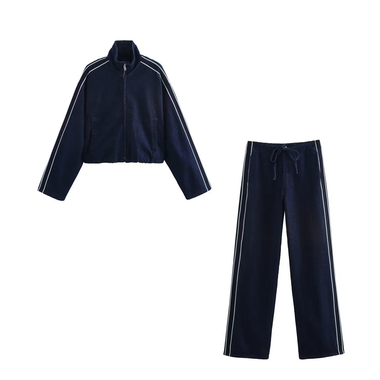 

2025 Spring Women s Striped Patchwork Jacket & Denim Pants Set L