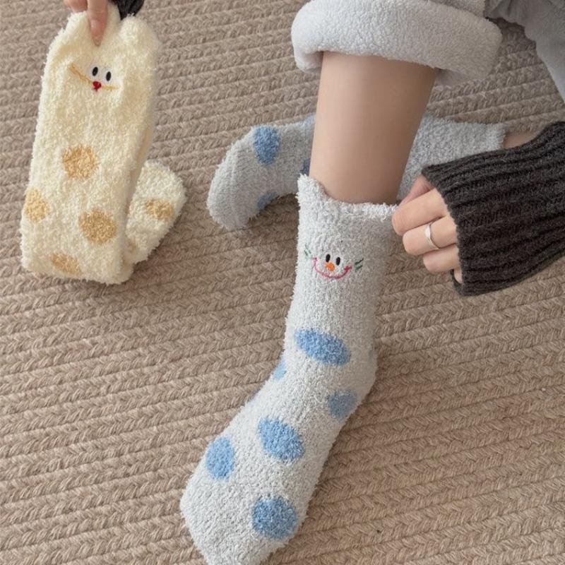 Autumn and Winter Coral Fleece Socks for Women, Half-fleece Home Mid-calf Socks, Thickened Floor Socks, Sleeping Women's Socks
