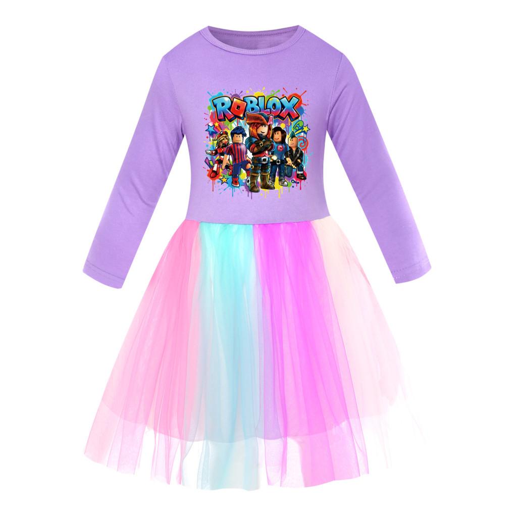 5578 Children Girls Roblox Print Casual Mesh Rainbow Dress 110cm