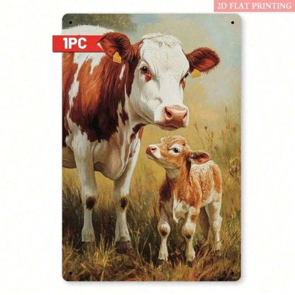 Metal Poster Cow Calf Wall Art, Rustic Farmhouse Decor for Garage