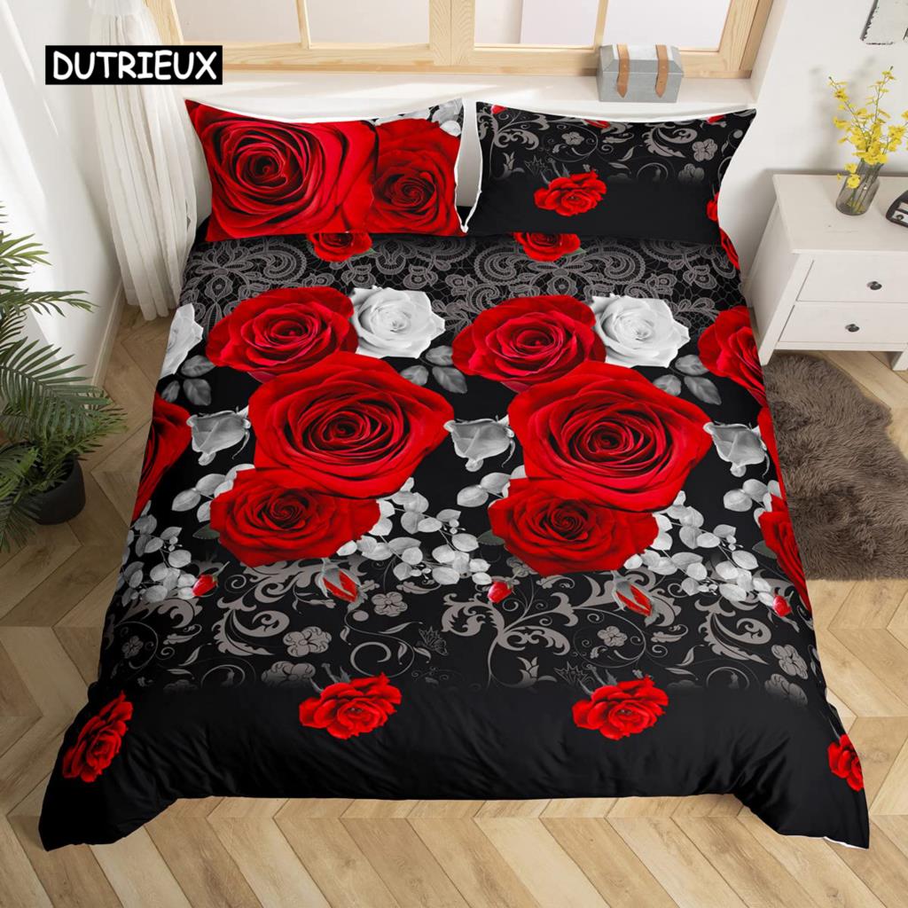 3D Rose Duvet Cover Set Queen Microfiber Red and White Floral Bedding Set Romantic Flowers Comforter Cover Valentine's Day Gift