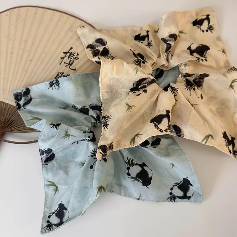 

Retro New Chinese Style Bamboo Panda Square Scarf Hair Scrunchies Headbands for Women Girl Cute Head Rope Tie Ponytail Hair Band