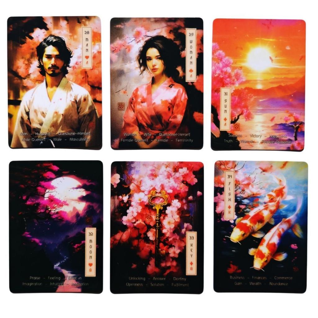 Las Cartas Lenormand Sakura - Baraja de 36 Cartas con Palabras Clave - Cartas Oráculo Temáticas de Flor de Cerezo Japonés 9*6cm