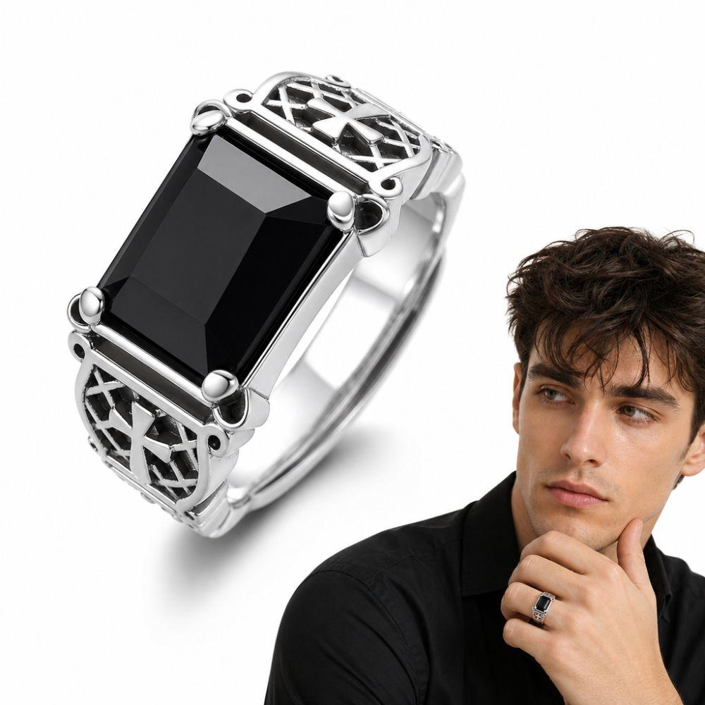 Black Zircon Men's Hip Hop Rings Adjustable Cross Ring Trend Open Ring Daily Wear