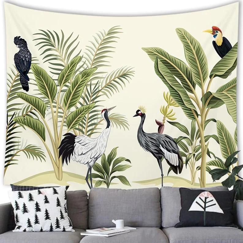 Home Decor Floral Tropical Jungle Fauna and Plant Leaves Tree Retro Style Tapestry Wall Hanging Room Poster Background Fabric