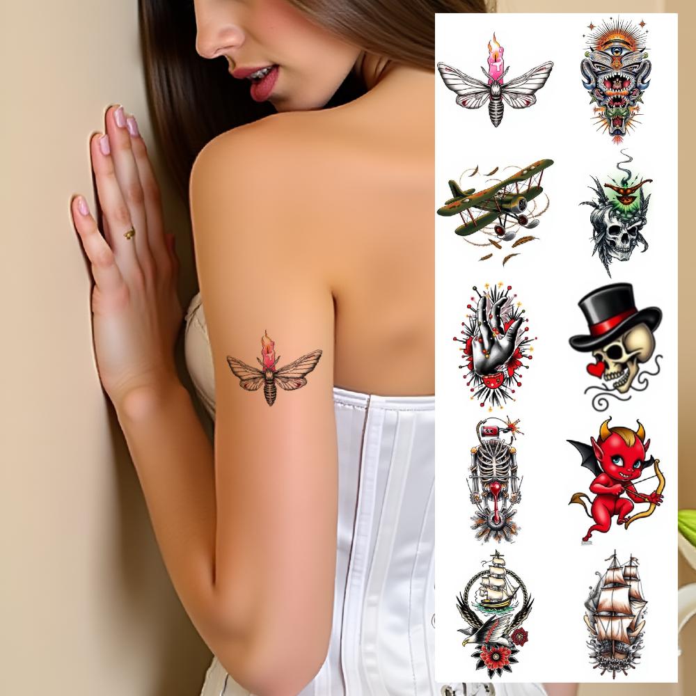 28pcs Temporary Tattoo New School Traditional Revolver With Flowers Skeleton With Flowers Pirate Skull For Adults Women Chest
