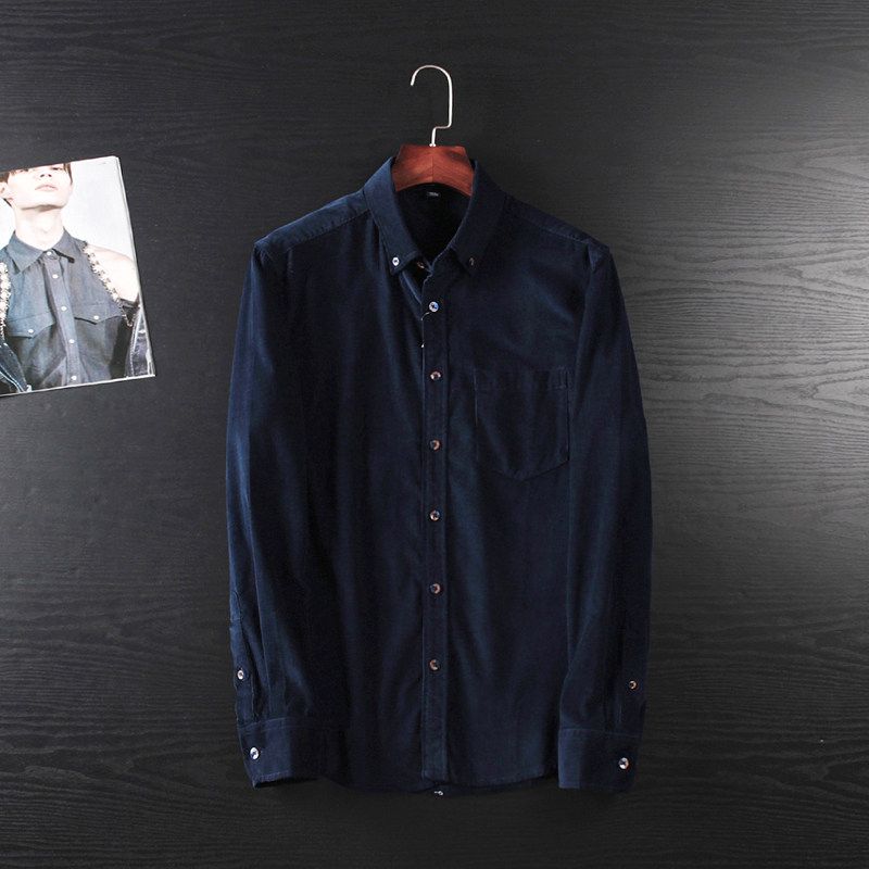 Foreign Trade Long-Sleeved Spring and Autumn Retro Label-Cutting Shirt Navy blue 3XL
