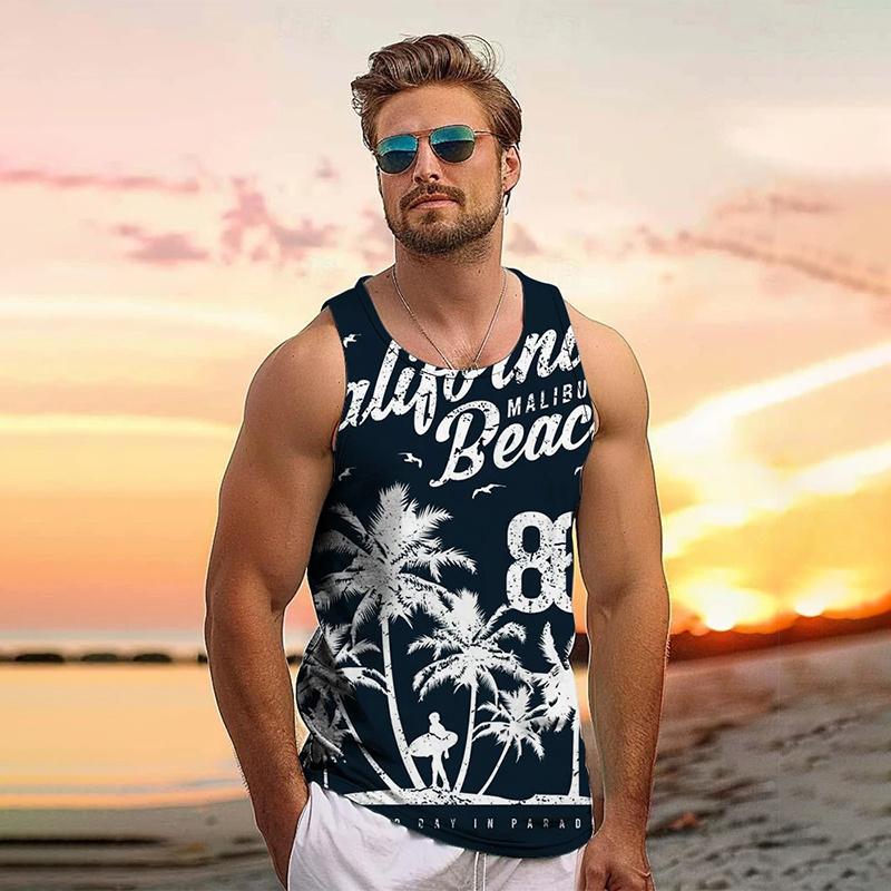 Vintage Letní 3D Potisk Listy Kokosové Stromy Grafika Pánská Móda Cool Streetwear Vesta Pohodlná Měkká Prodyšná Velká Velikost Vesta