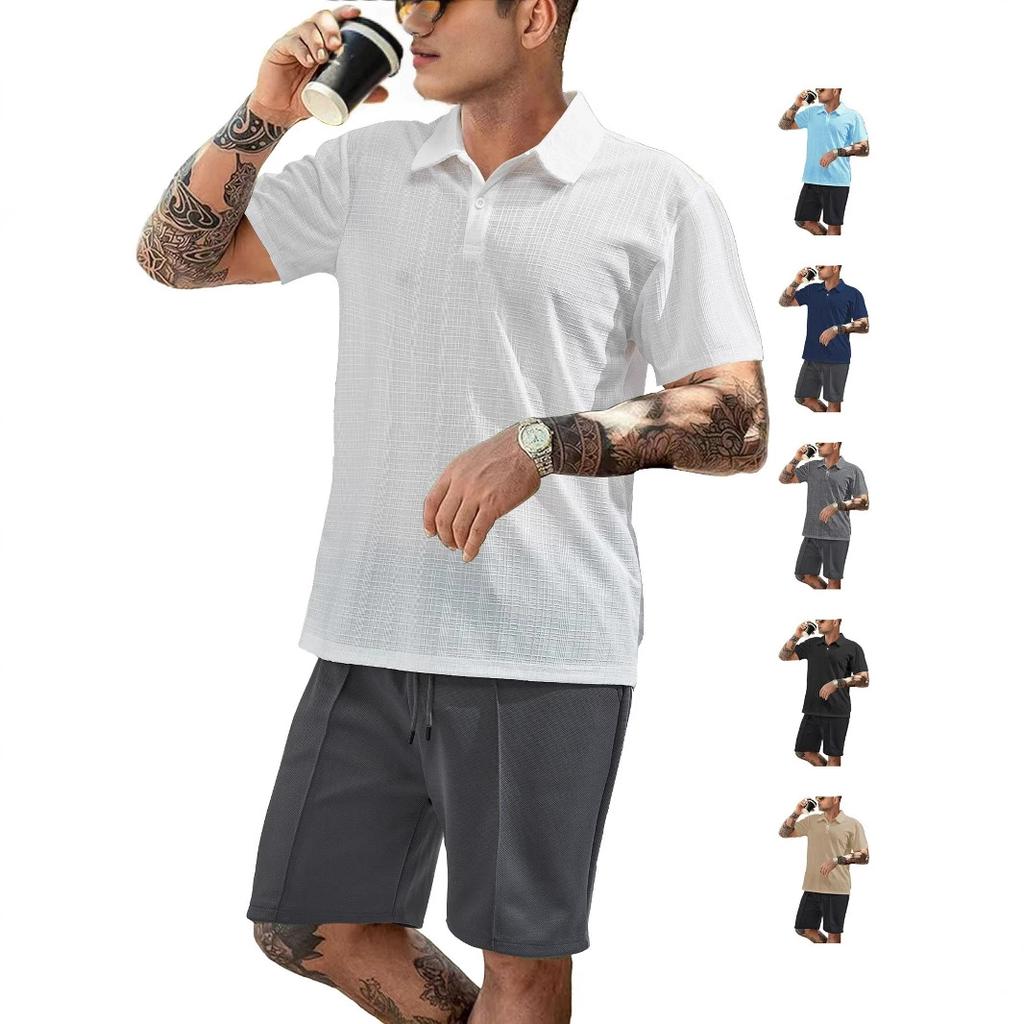 Summer Men Matching Outfit Sets Grid Texture Short Sleeve Polo Shirts Elastic Drawstring Casual Shorts Daily Beach Vacation Two Piece Tracksuit