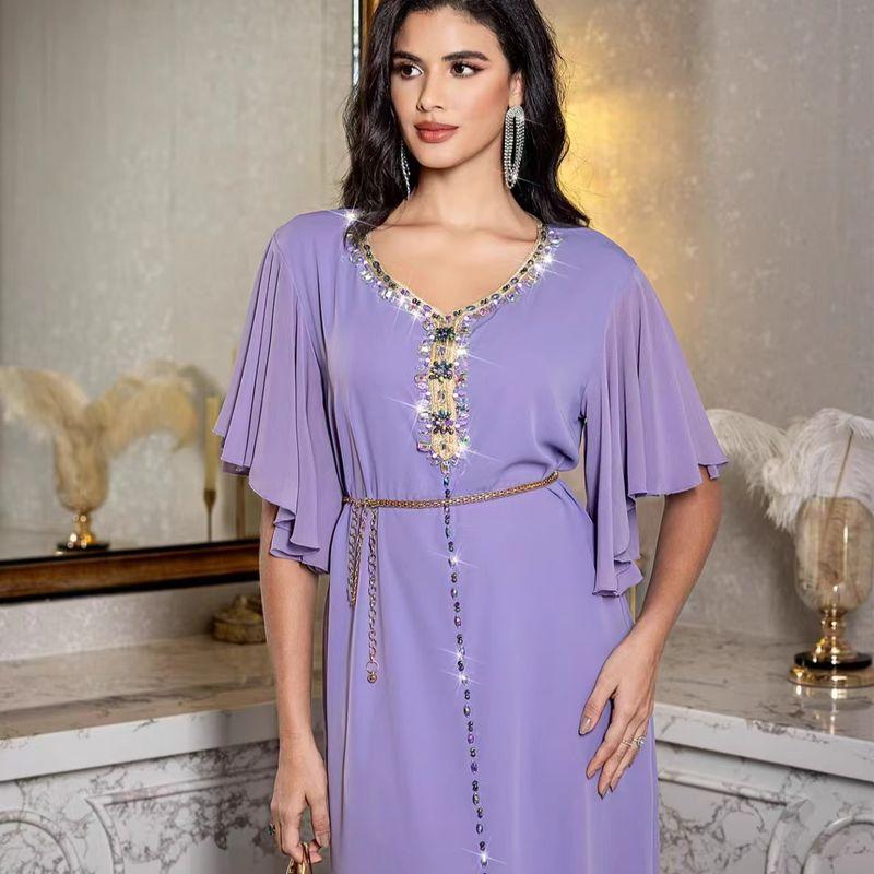 New Arrival Middle East Lilac Purple Horn Cuff Hand Sewing Drill Dress V-Neck Flared Sleeve Dress