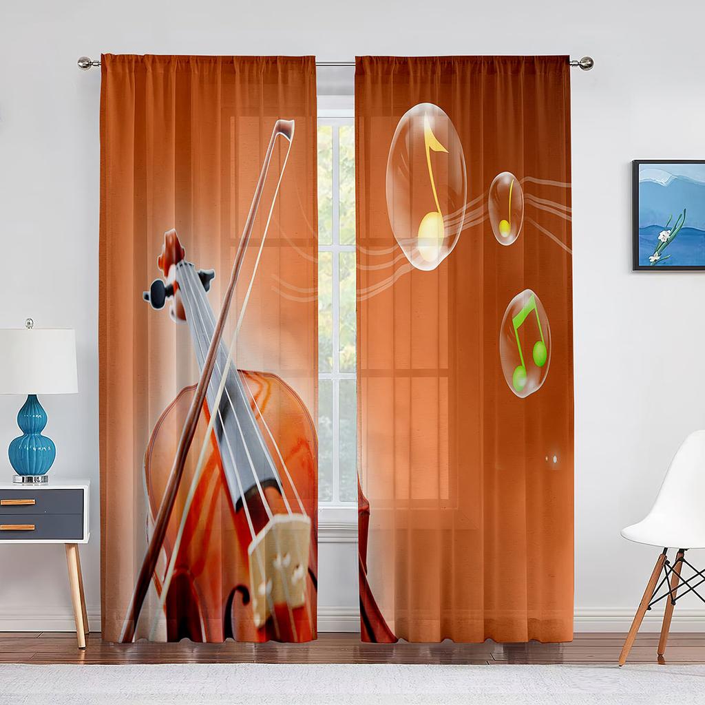 Vintage Fiolin på Trä Skira Voilgardiner för Vardagsrum Sovrum Chiffong Tyllgardiner Kök Fönsterbehandlingar Draperier