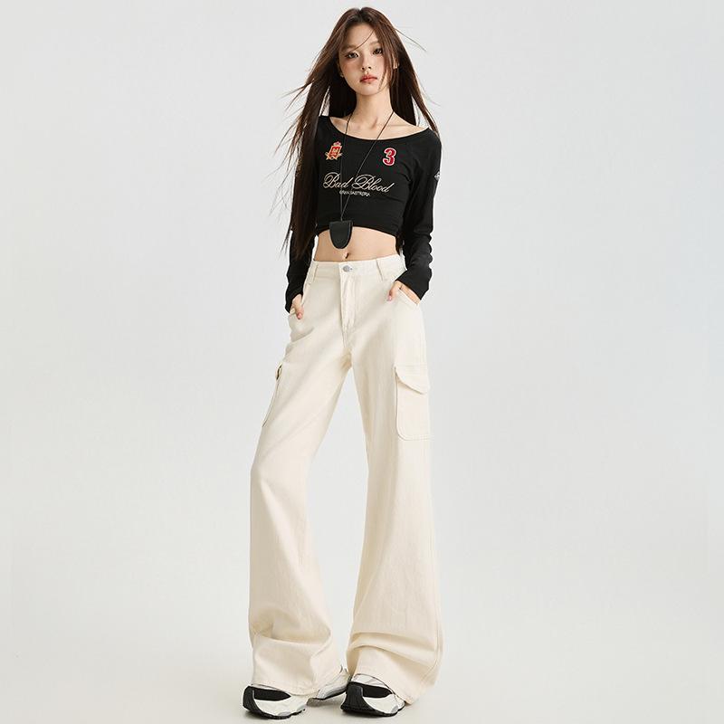 Khaki denim flared pants women's winter new thin design tooling pocket floor pants