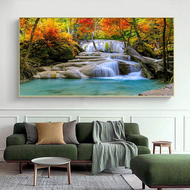 Canvas Wall Art Green Tree Canvas Painting Landscape Waterfall Wall Poster Print Picture Living Room Home Decor No Frame