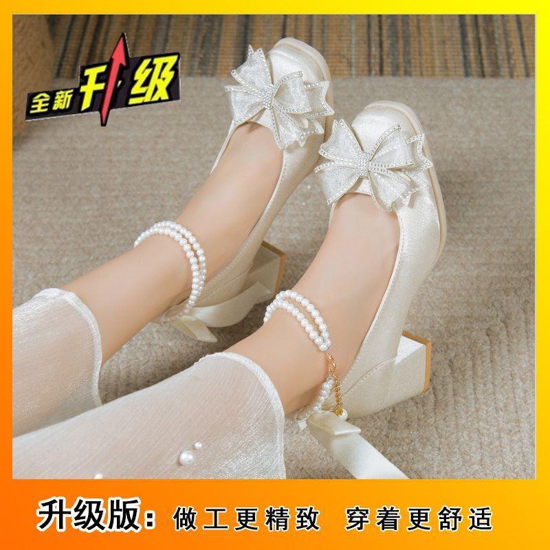 

Light bow small thick heel apricot French high heels 2024 spring and autumn new retro Mary Jane shoes women 34