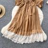 Sweet Women's Dress Slash Neck Long Lantern Sleeves Bandage Gathered Waist Spliced Lace Loose A-line Dresses
