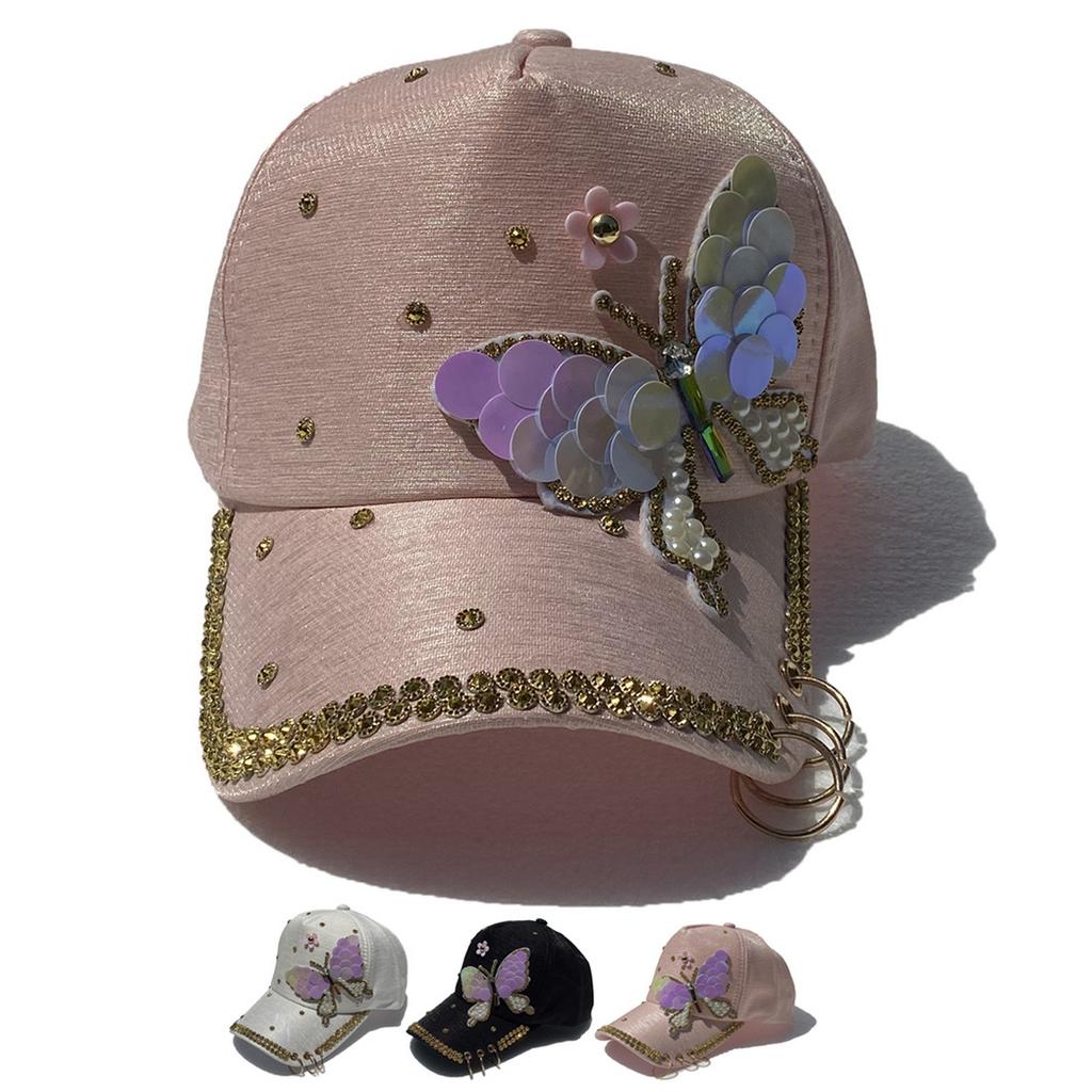 Fashion Ladies Bling Sequin Butterfly Baseball Cap, Rhinestone Trim Metal Ring Decor Adjustable Sun‑Protection Peaked Hat for Daily Party Street