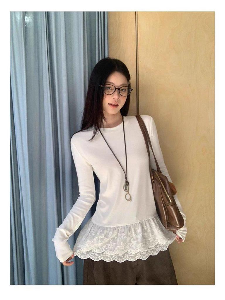 Women's Slim Fit White Lace Patch Long Sleeve T-Shirt - 2026 Spring/Autumn Collection