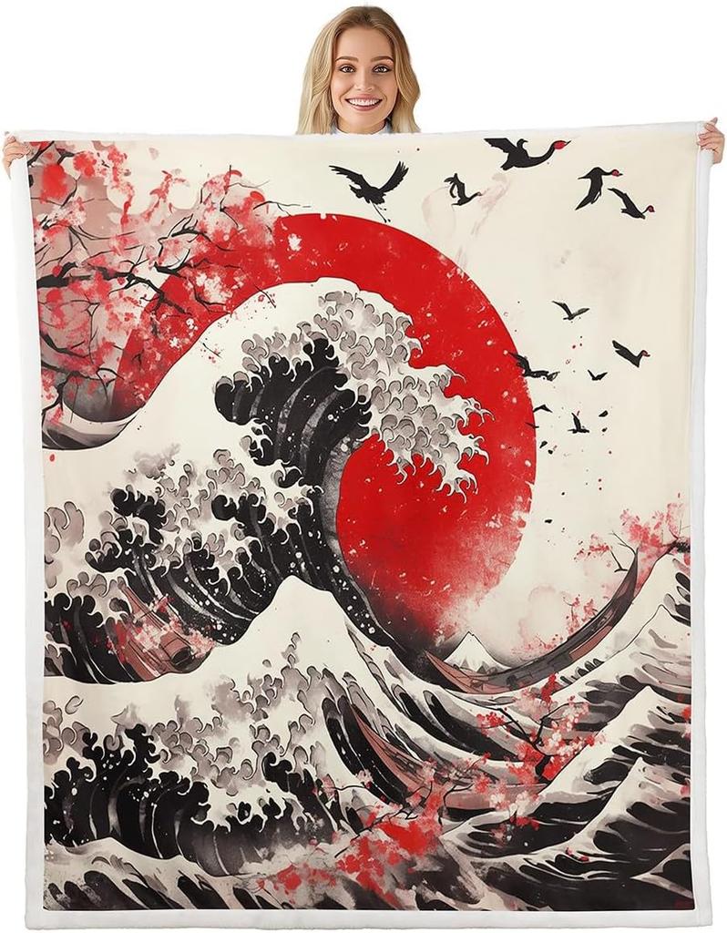 GUOYU Blanket Japanese Style Fleece Bed Blanket Twin Japanese Samurai Throw Blanket for Kids Boys Men Ink Painting Dragon Sherpa Blanket