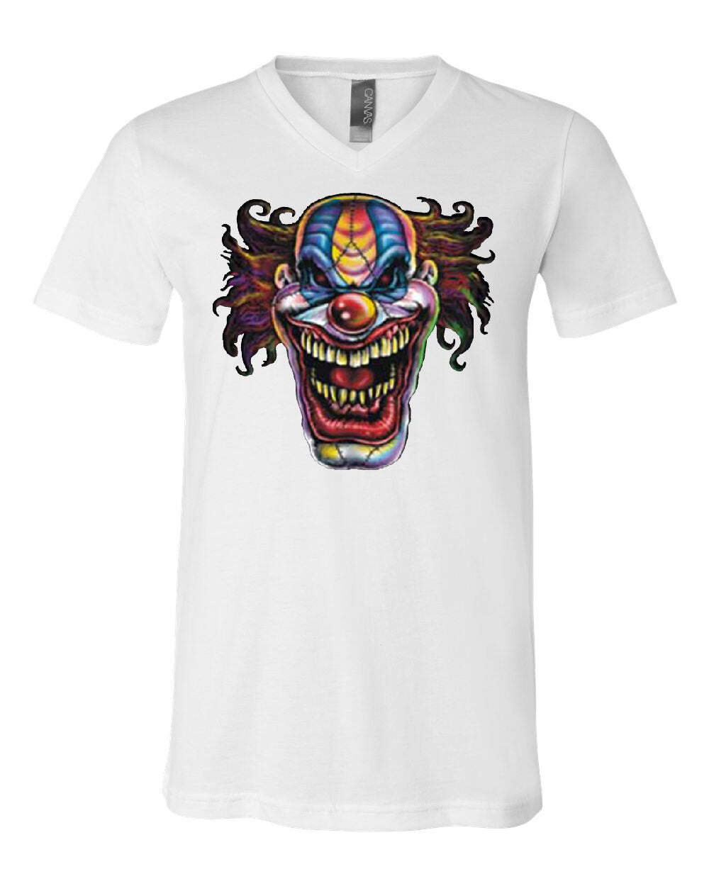 Mad Evil Clown Face V-Neck T-Shirt Scary Horror Insane Joker Tee S разноцветный