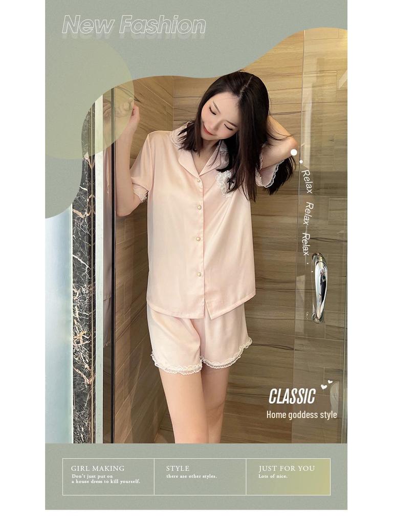 Girls' Lace Trim Short-Sleeve Pajama Set: Summer Thin Style with Edge Sleeve