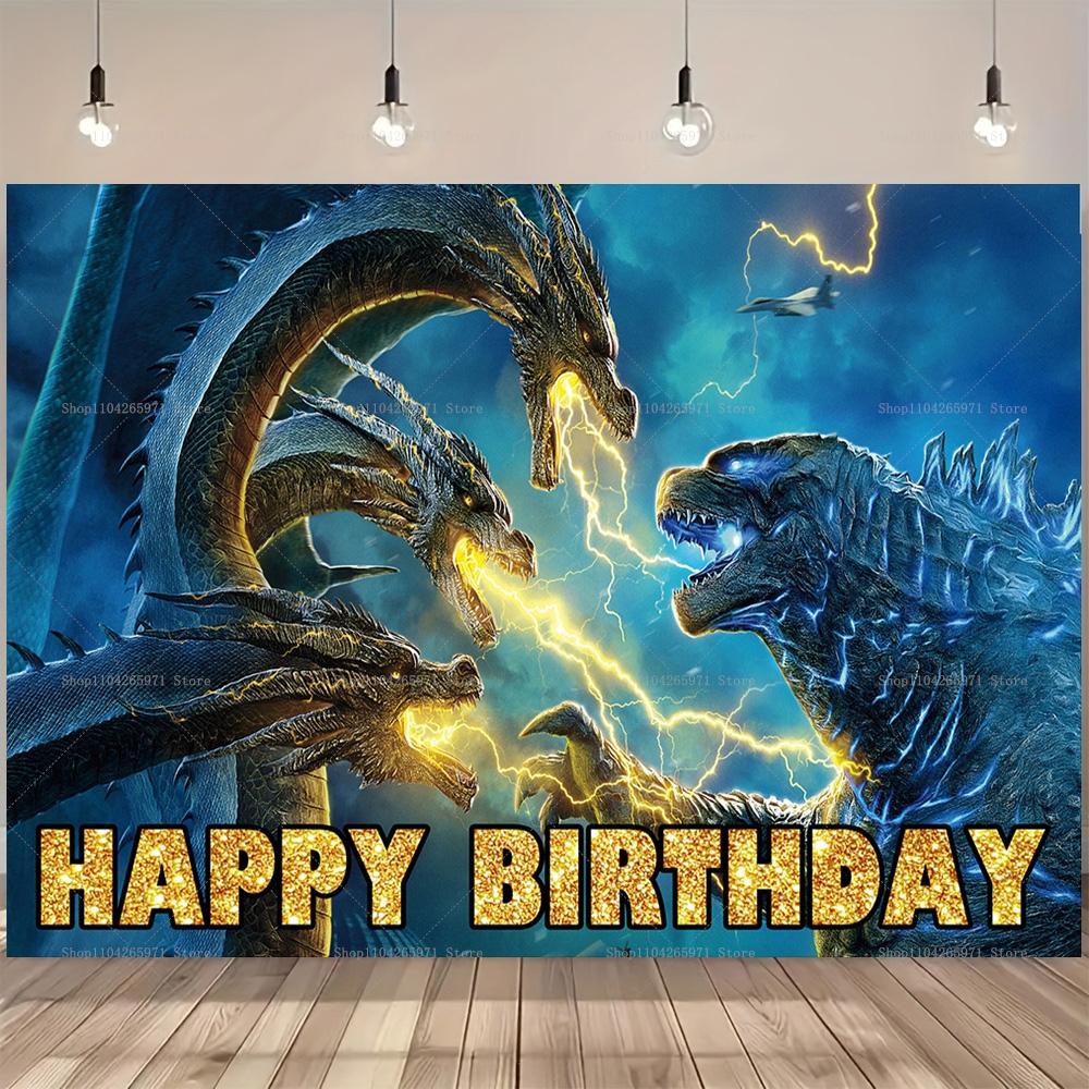 Godzilla Vs King Kong Cartoon Backdrop Banner Monster Clash Adventure Theme Kids Birthday Party Decor Photo Background Supplies