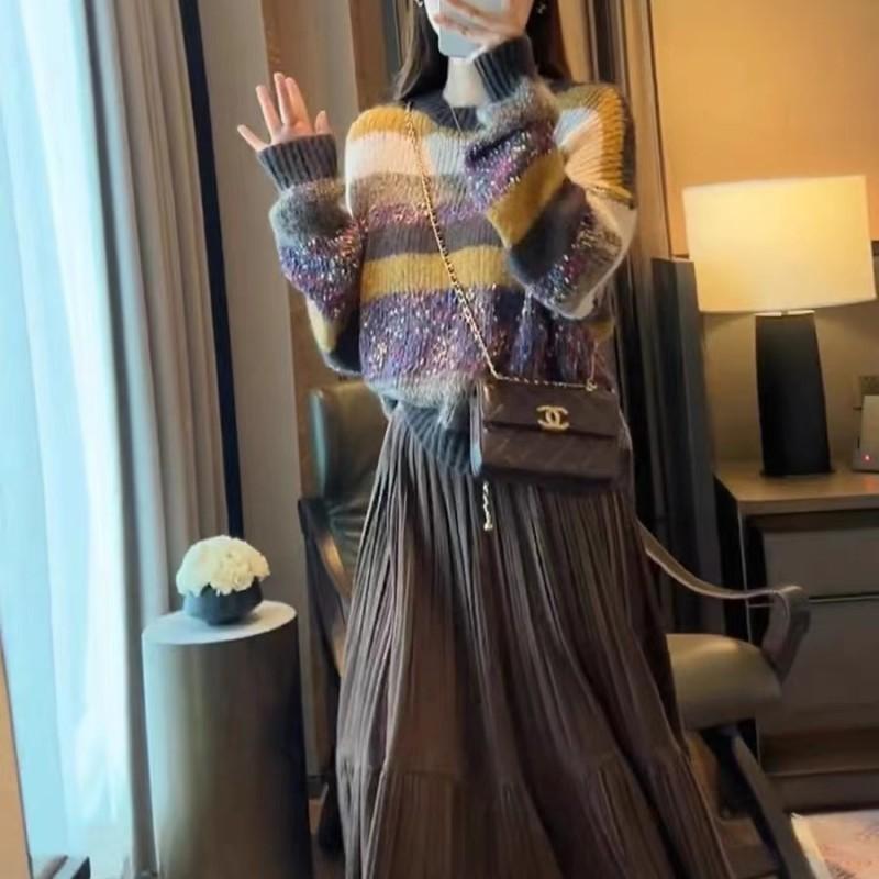 New color matching top autumn and winter loose round neck knitted bottoming shirt rainbow strip pullover sweater women