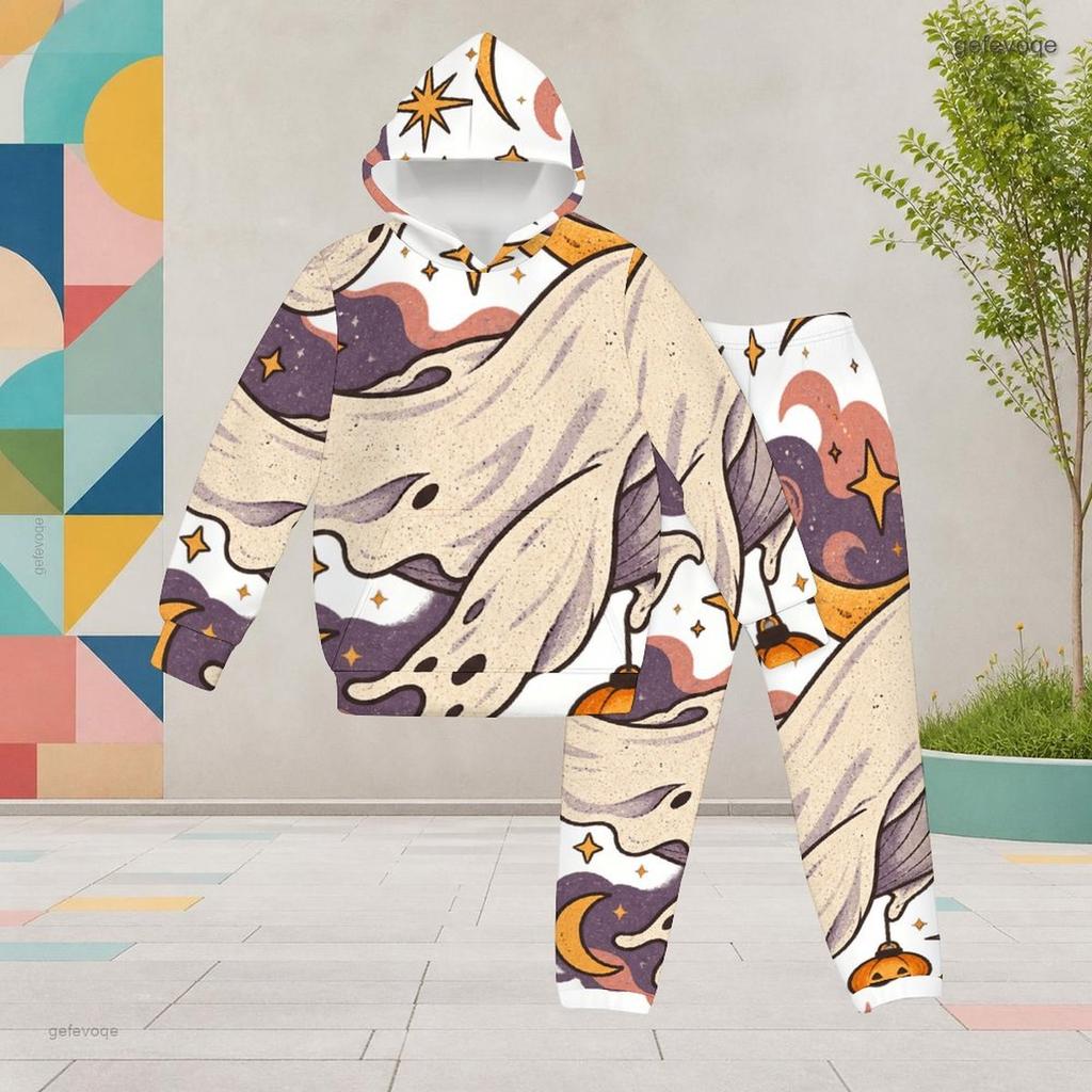 Girls Cute Lamb Printed Hooded Long Sleeve Two Piece Set Kangaroo Pocket Cuffed Pants Outfit