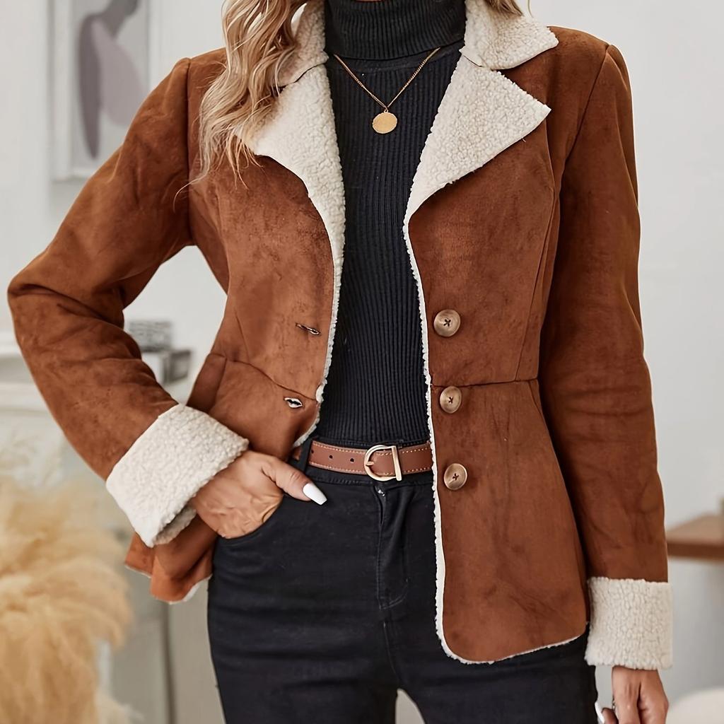 Faux Fur Button Front Thermal Jacket, Casual Long Sleeve Lapel Collar Outerwear for Fall & Winter, Women's Clothing