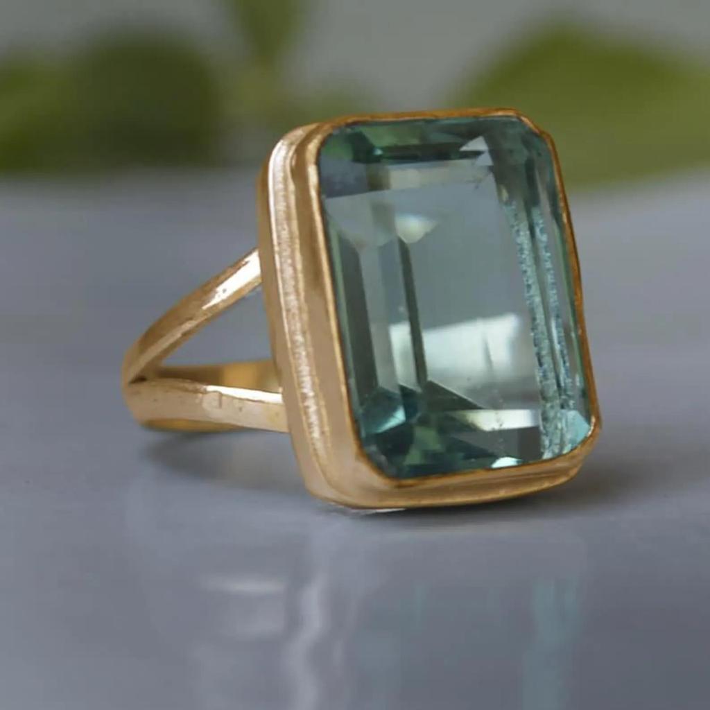 Cushion Cut Green Amethyst Gemstone  925 Sterling Silver Yellow Gold Overlay Ring