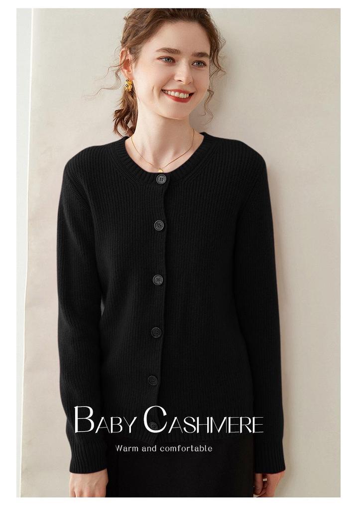 2024 Women's Cashmere Ribbed Round Neck Loose Knit Cardigan Sweater for Autumn/Winter