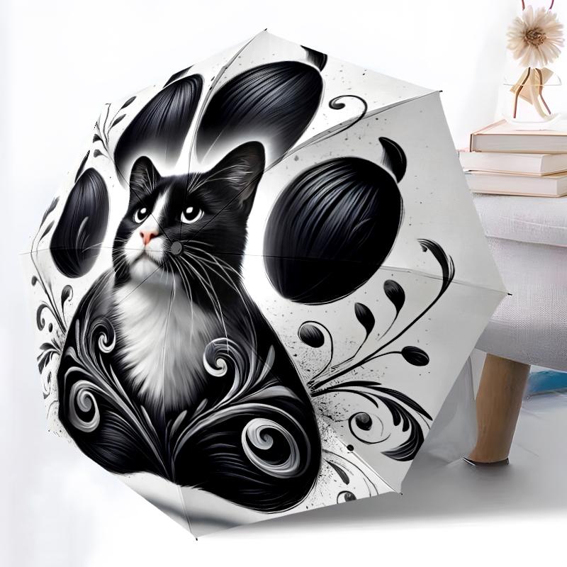1pc Sturdy 8-Bone Auto Umbrella, cat Umbrella, Digital Printed, Foldable Umbrella for On-the-Go Outdoor Use