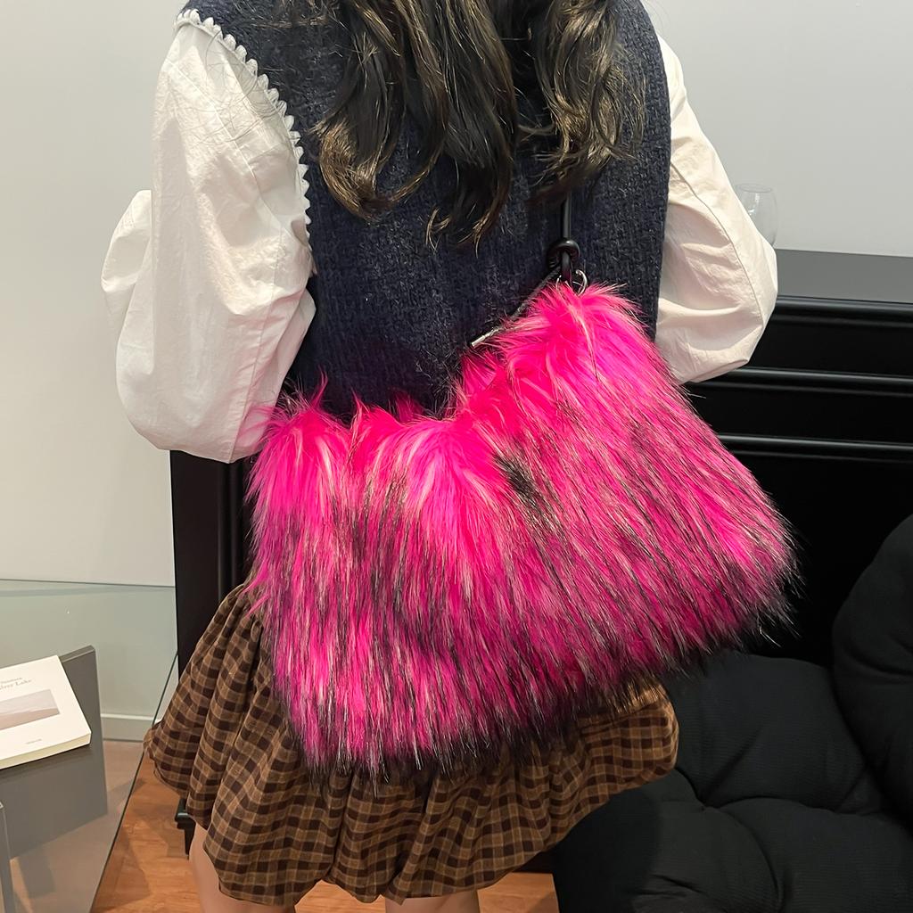 Winter Casual Furry Crossbody Shoulder Bags For Women Solid Color Soft Plush Ladies Clutch Purse Handbags Lightweight Female Hobos Bag