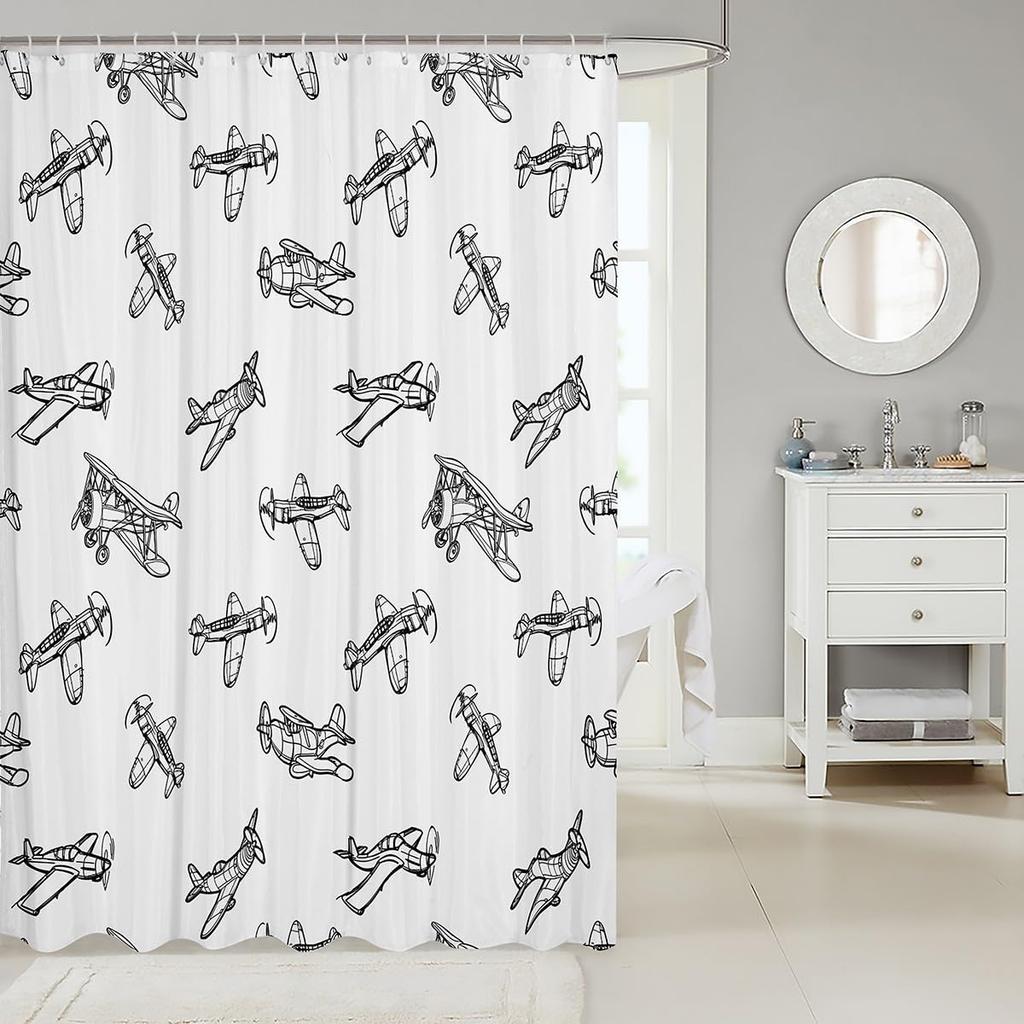 Vintage Airplane Pattern Shower Curtain Kids Room Decor Linen180X180
