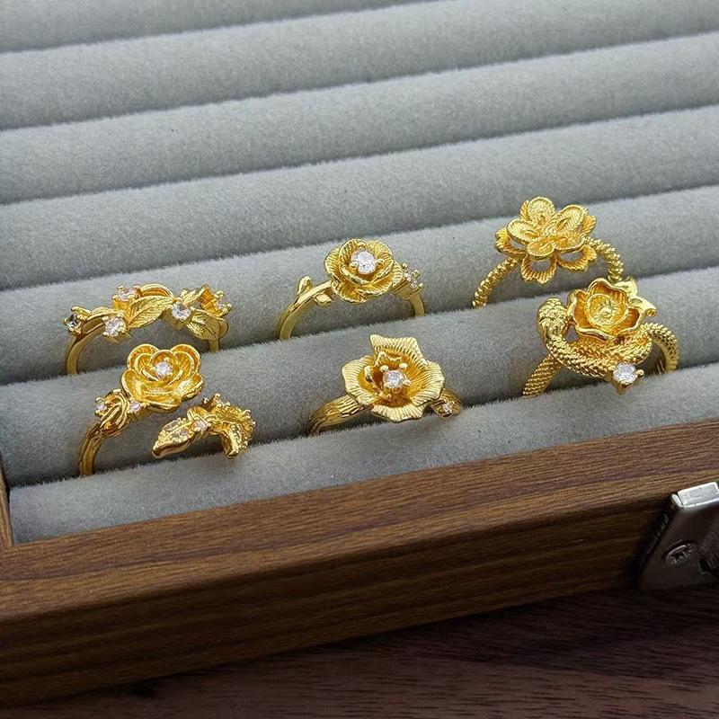 Medieval Vintage French Light Luxury Three-Dimensional Flower Opening Ring Retro Spiral Lotus High-End Ring