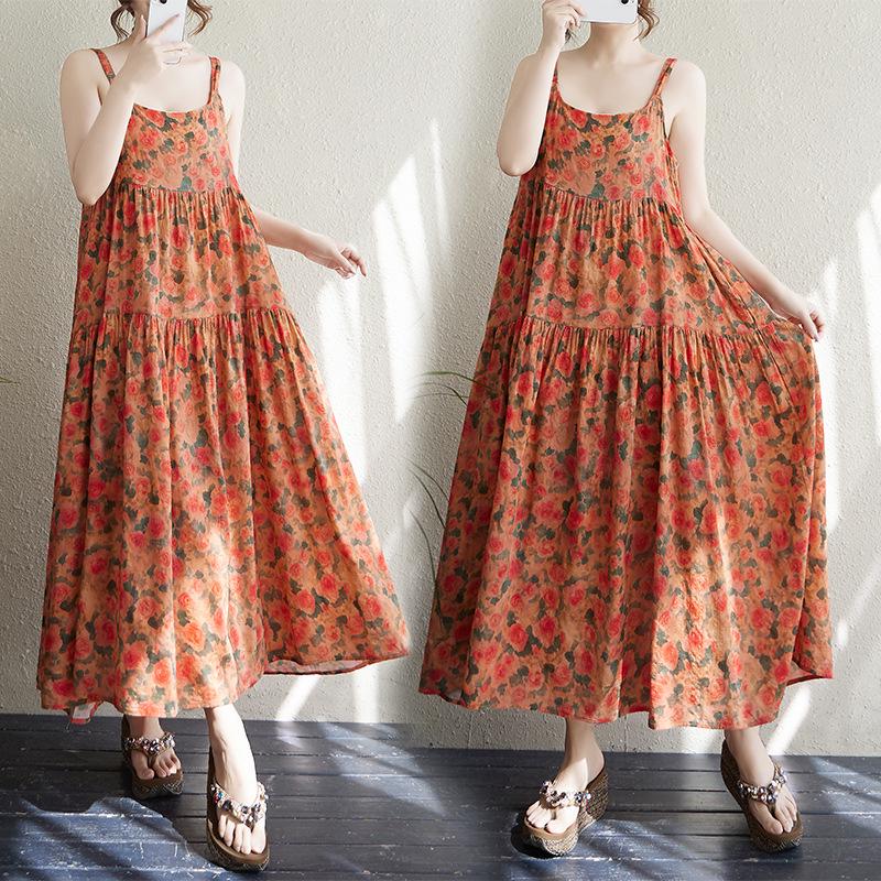 2025 Summer Cotton Linen Patchwork Long Sling Dress