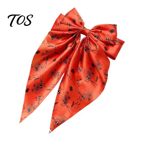 Halloween Hair Clip Silky Satin Bows for Women, Big Ribbon Bow Clips Girls, Hairstyle Accessory Oversized Long Tail Barrettes, Cute Ghost Bat