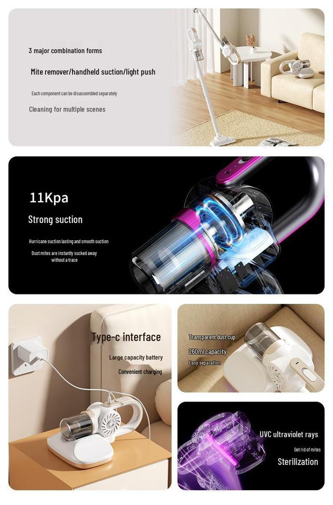 Wireless Handheld Vacuum & Mite Remover with Mopping and Blue Light Sterilization