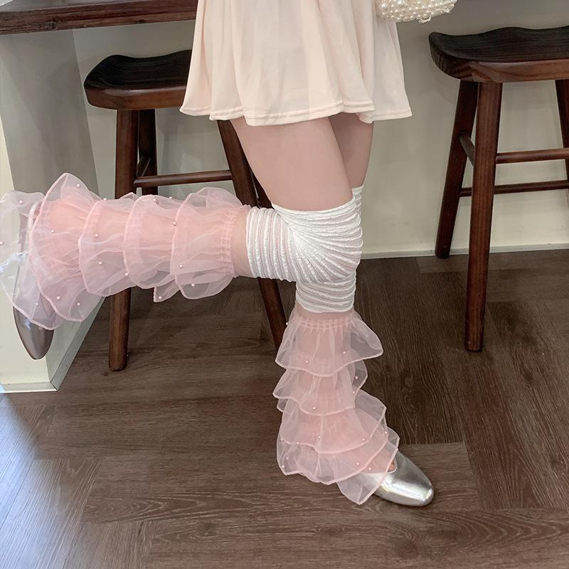 Y2K Mehrlagige Rüschen-Beinwärmer mit Perlenpunkt-Netz, Durchsichtige Kuchenspitzen-Oberschenkelhohe Socken für Damen Mädchen Balletcore Lolita Mode