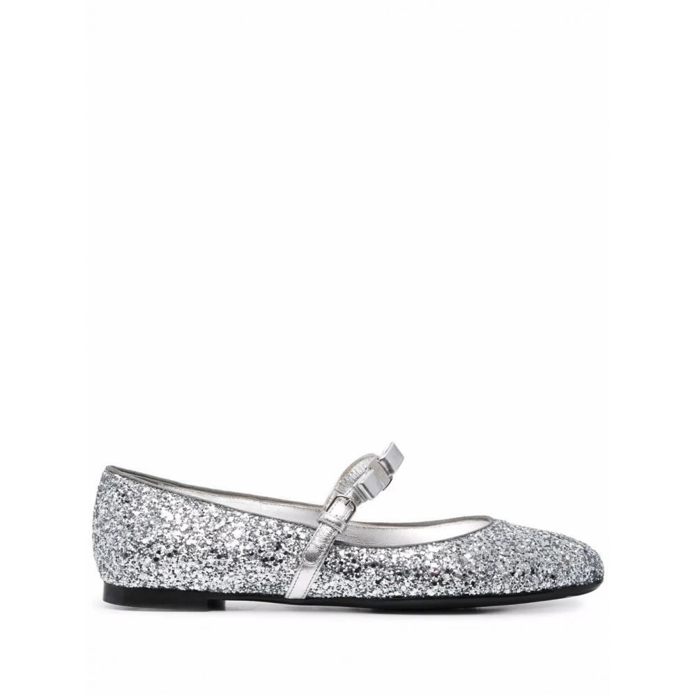 Salvatore Ferragamo Ferragamo Bow Detail Glitter Ballerina Shoes Silver