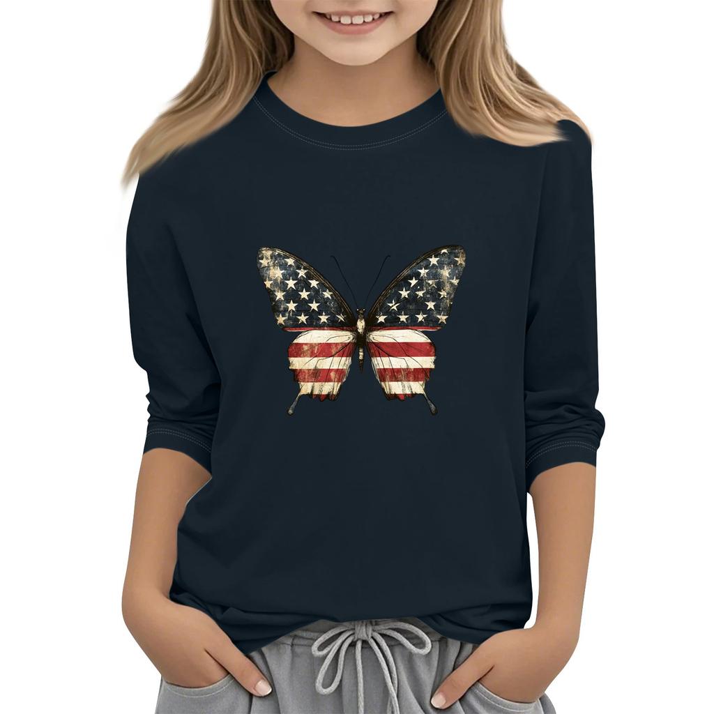 Children's Round-Neck Independence Day Three-Quarter Sleeve Casual T-shirt Top