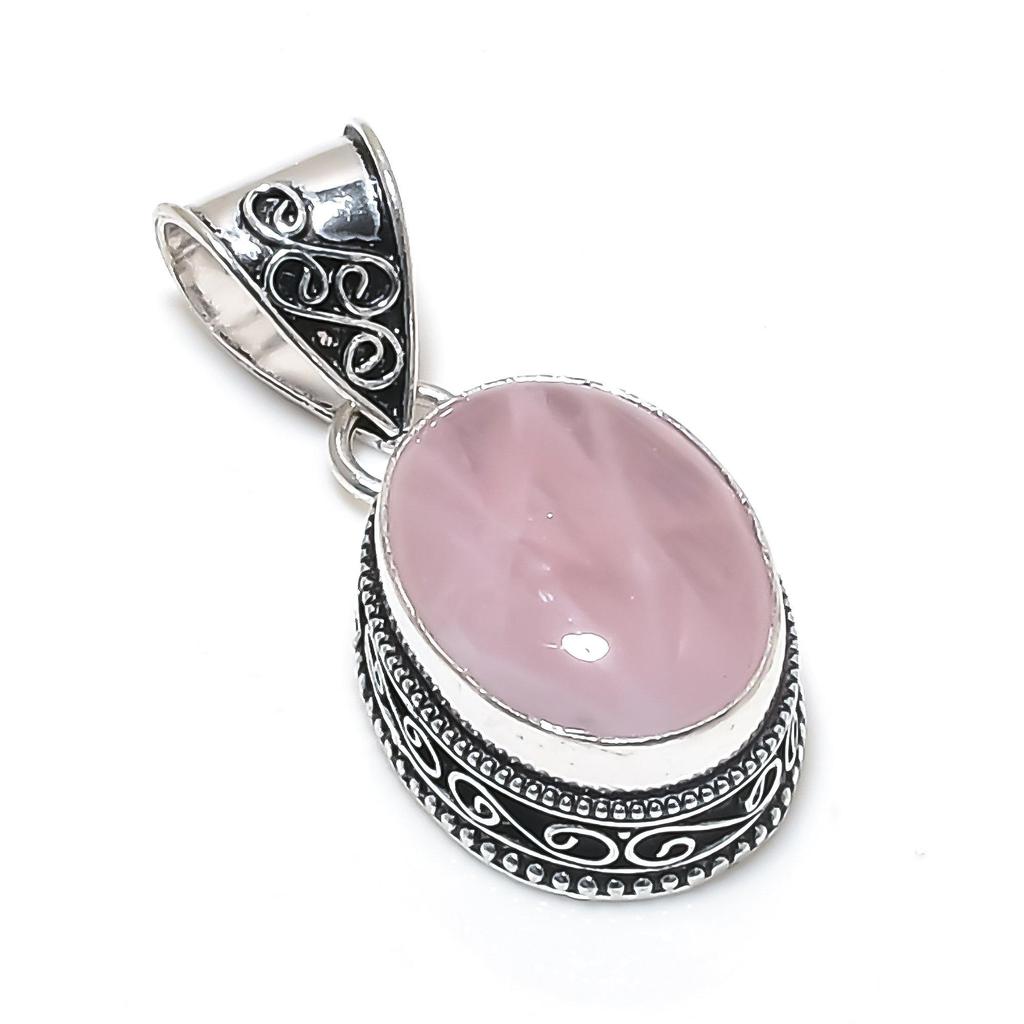 Natural Rose Quartz Gemstone Silver Pendant in 925 Sterling Silver - Handmade Oval Design, Everyday Wear Jewelry Father's Day Gift