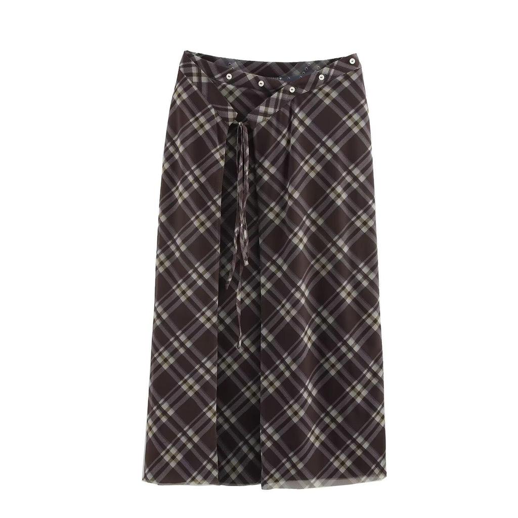 2025 Spring Women's Slim Plaid Silk Sarong Skirt with Button Details