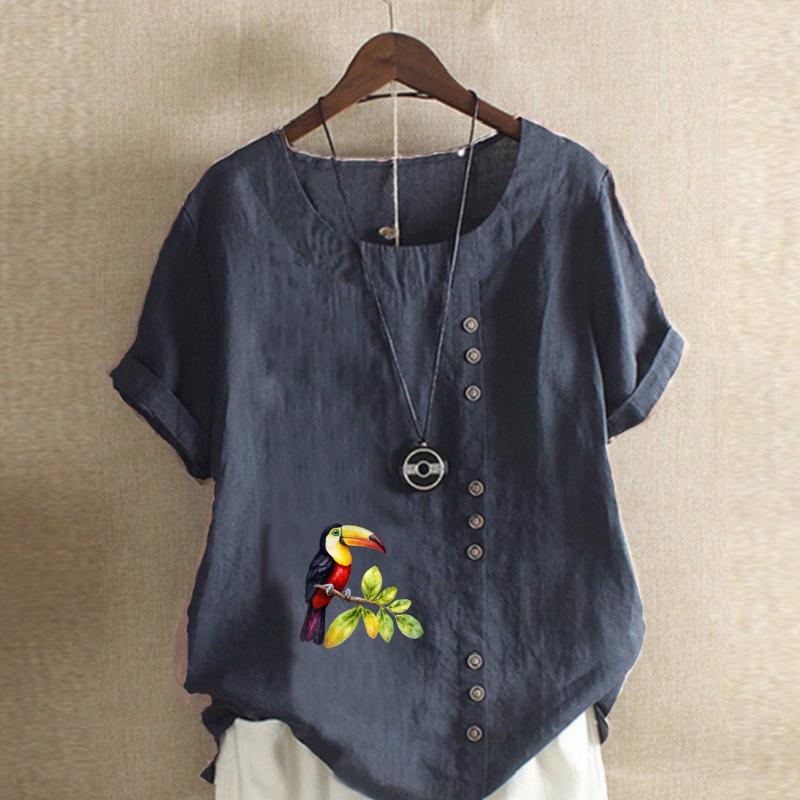 Women's Fashion Round Neck Short Sleeve T-shirt Casual Cotton Linen Pattern Shirt Leisure Loose Bird Prined Summer Blouse Tops