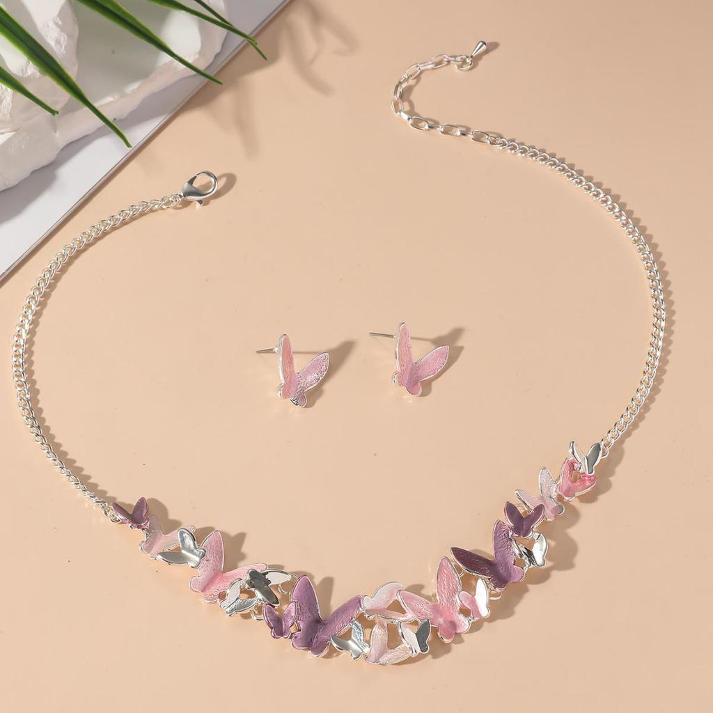Colorful Butterfly Necklace & Earring Set for Women - Retro Style, Perfect for Holidays & Trendy Accessories
