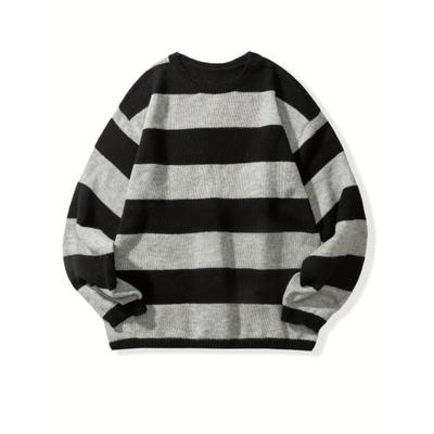 Suéter de punto de diseñador a rayas con bloques de color y cuello redondo para hombre Otoño/Invierno: Top de punto cálido, holgado