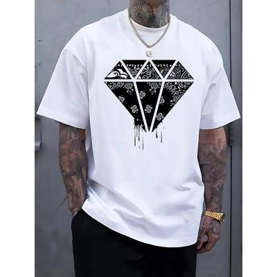 European Sizes Men'S T-Shirt Featuring a 3D Diamond Design - a White Top with a Striking Black, Offering Comfort And a Casual Style.
