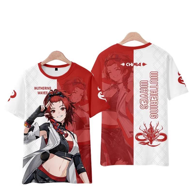 Spiel Anime Charakter 3D Gedrucktes T-Shirt, Beidseitig Rot Weiß Grafik Kurzarm Lässiges Streetwear Oberteil