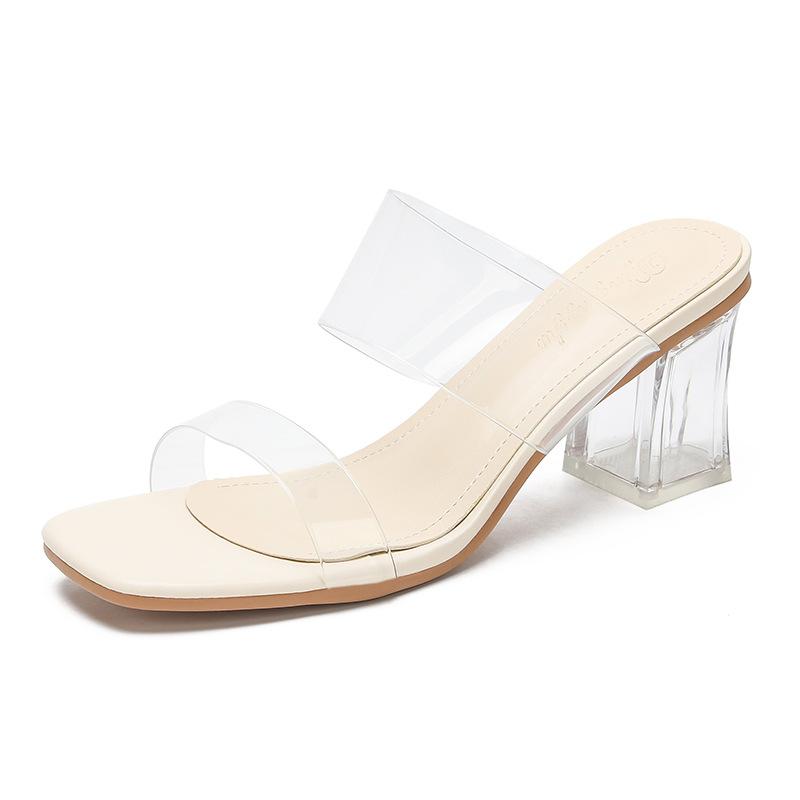 Transparent sexy thick-heeled sandals for women's summer wear 2025 new square head white one-word with open-toed high-heeled cool slippers