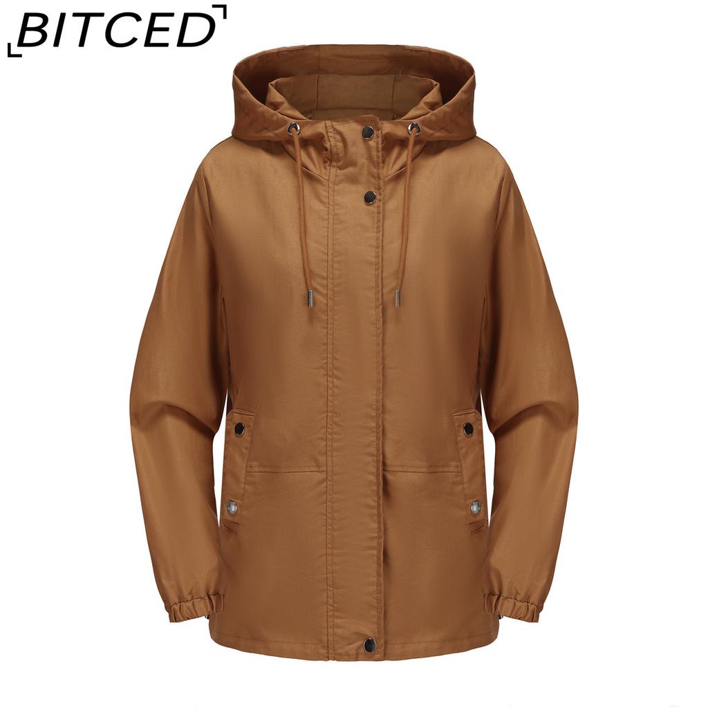 BITCED Spring/Autumn Casual Trench Coat for Women Loose-Fit Windproof Jacket with Hood Long-Sleeved Windbreaker