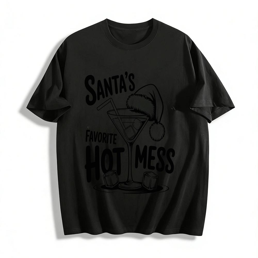Santa s Favorite Hot Mess Christmas Cocktail Graphic Top Pure cotton T-shirt XXS